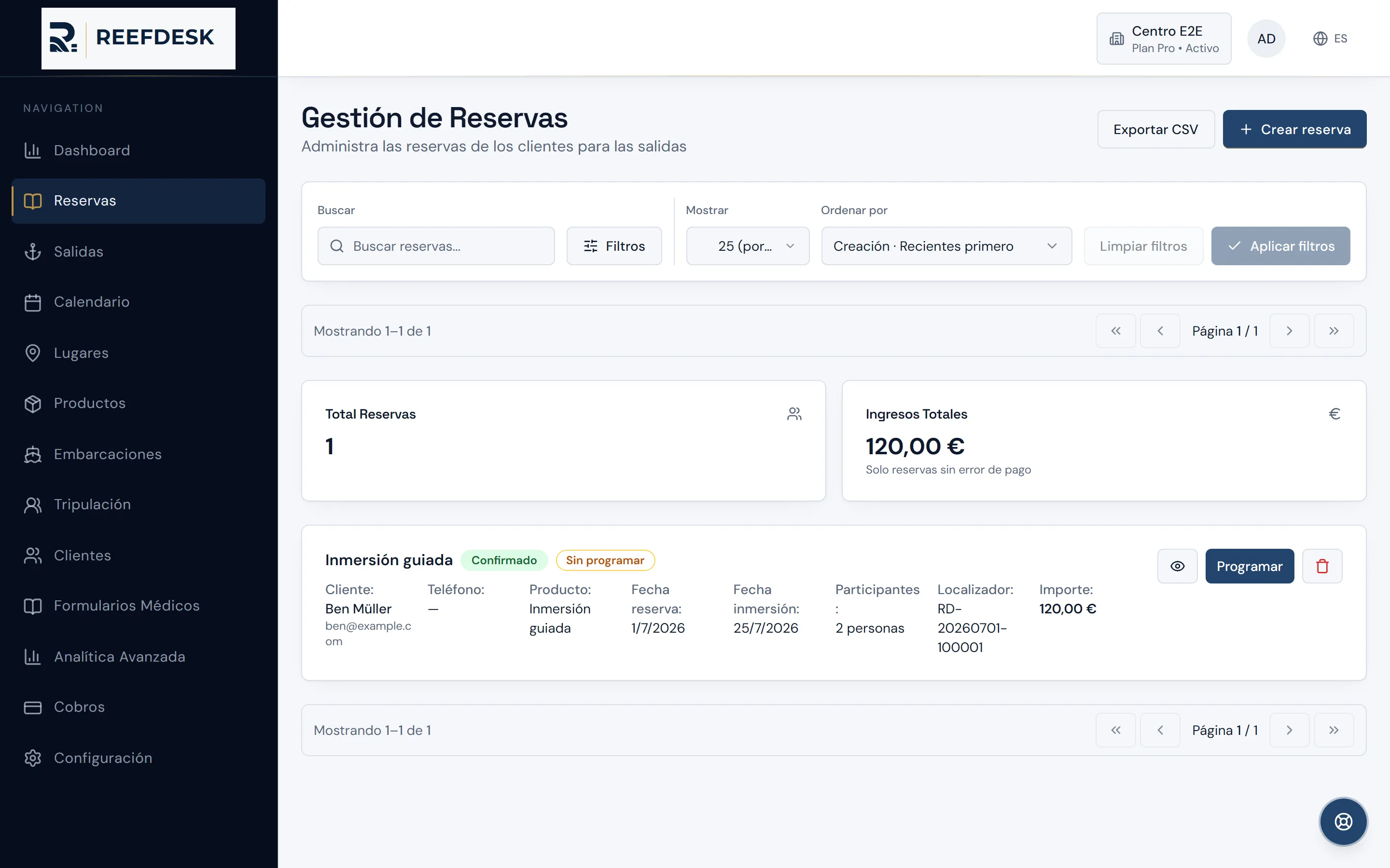 El listado de reservas, con los totales del periodo y una reserva confirmada pendiente de programar.